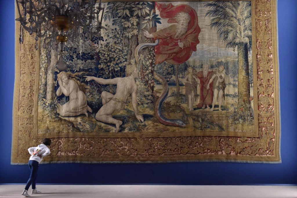 Ritorno al principio The tapestry ''Adamo ed Eva rimproverati da Dio'' (Adam and Eve rebuked by God) in exposition at Pitti Palace, in Florence, 24 April 2017. The exhibition will run from 25 April to 21 May 2017. ANSA/MAURIZIO DEGL INNOCENTI