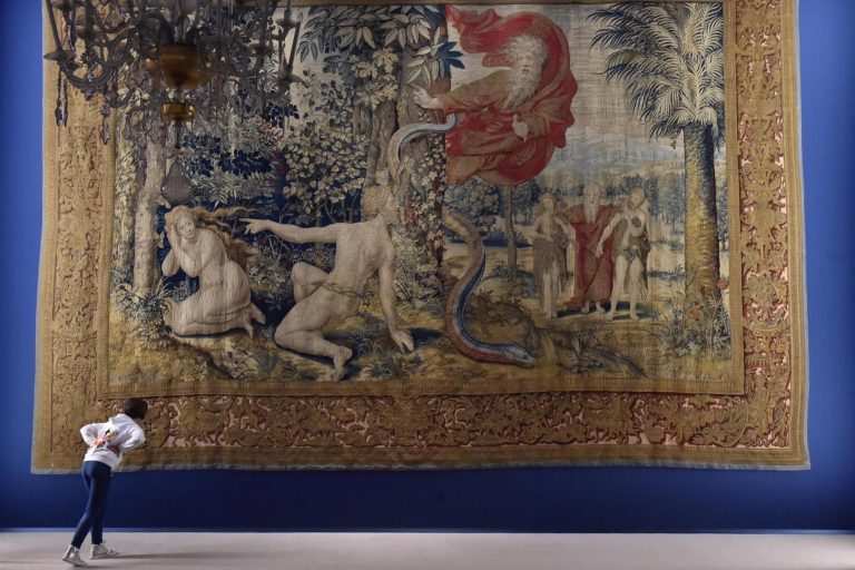 The tapestry  ''Adamo ed Eva rimproverati da Dio'' (Adam and Eve rebuked by God) in exposition at Pitti Palace, in Florence, 24 April 2017. The exhibition will run from 25 April to 21 May 2017.   ANSA/MAURIZIO DEGL INNOCENTI