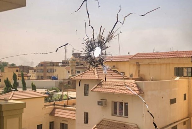 Bullet hole in MSF premise in Khartoum, Sudan. Bullet hole in MSF premise in Khartoum, Sudan.